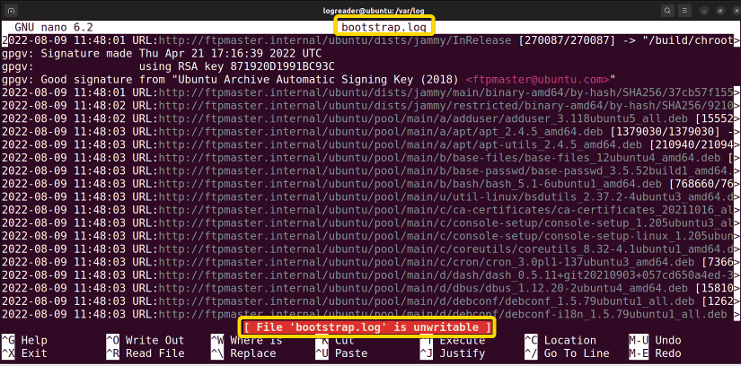 Open log file in nano editor to create a user in ubuntu as read only access to log folder.