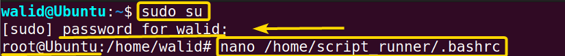 Switching to root user and access .bashrc file for "ubuntu create a user that runs a script and logs out"