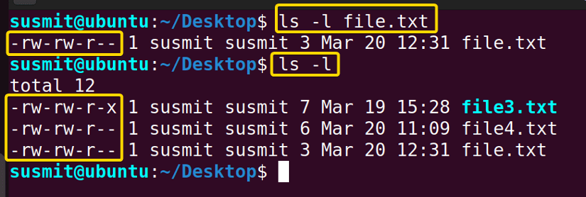 Permission mode of the file.txt file and all contents inside the current directory is displayed using ubuntu command.