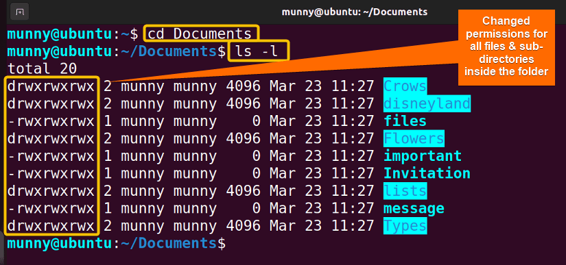 View changed permissions for all files & folders in Linux.