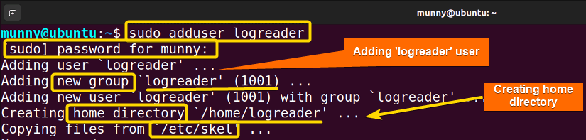 using the adduser command to create a user in ubuntu as read only access to log folder .
