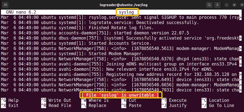 The syslog file is readable but not writeble.