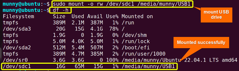 Mount the external USB drive using the mount command in ubuntu.