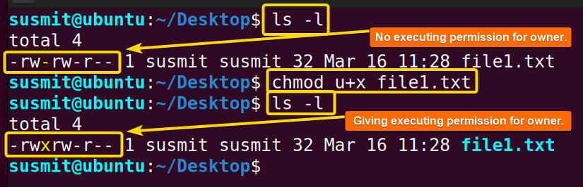 The executing permission to the owner for the file1.txt file is set using ubuntu file permissions command.