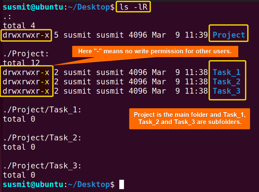 Showing the initial permission state of Project folder and subfolders inside it.