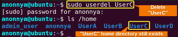 Deleting user account without home directory