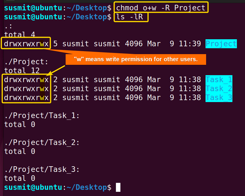 Giving other user to write for Project folder and subfolders inside it, then showing changed permission state.