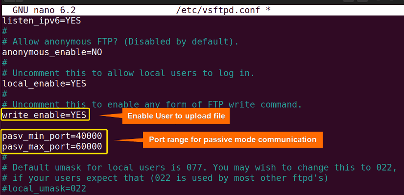 Allowing uploading and specifying ports for passive mode