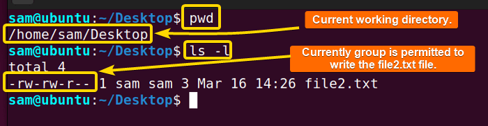 Current location and permission status of the file2.txt file is shown using ubuntu command.