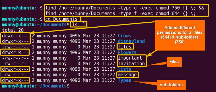 Set two different permissions for files & folders using the find command.