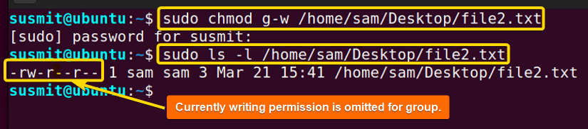 the writing permission of the file2.txt file for the group has been removed for the sam user.