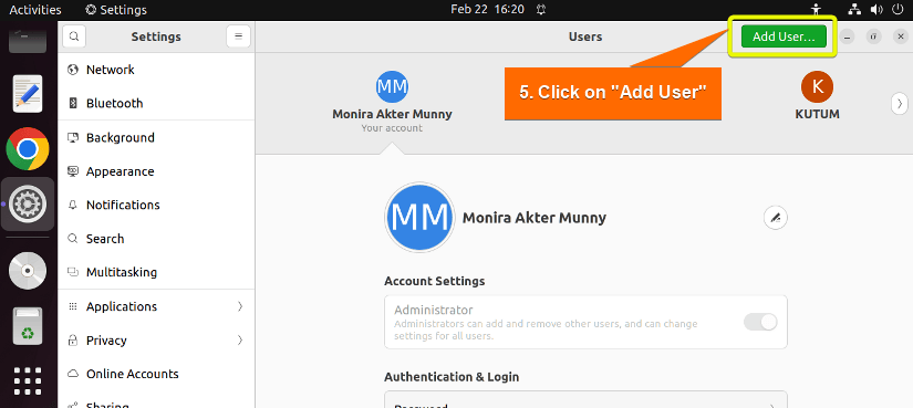 Click Add user option to create new user with drive access ubuntu.