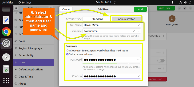 Add new user name & set password.