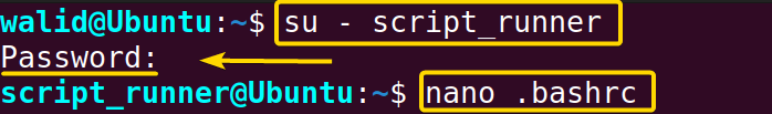 Switching to script_runner user and opening .bashrc file