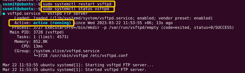 Restarting the vsftpd then find the status of the vsftpd.