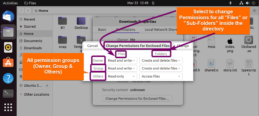 Two columns of permissions for files & folders visible in GUI