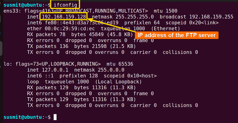 Printing the IP address of the FTP server.
