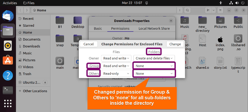 Change sub-folders permissions using GUI