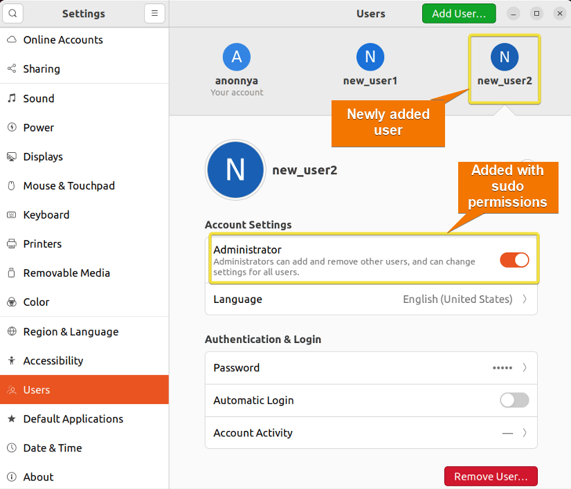Newly created user with sudo permissions.