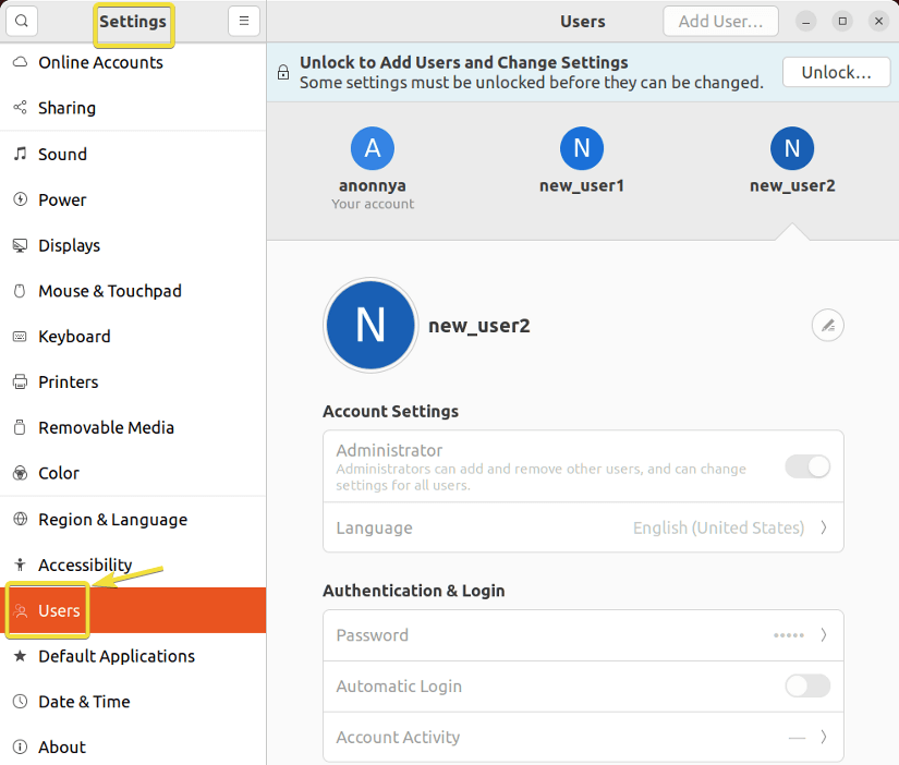 Going to Users menu for creating new user in ubuntu.