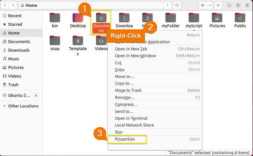 Opening properties of the desired folder.