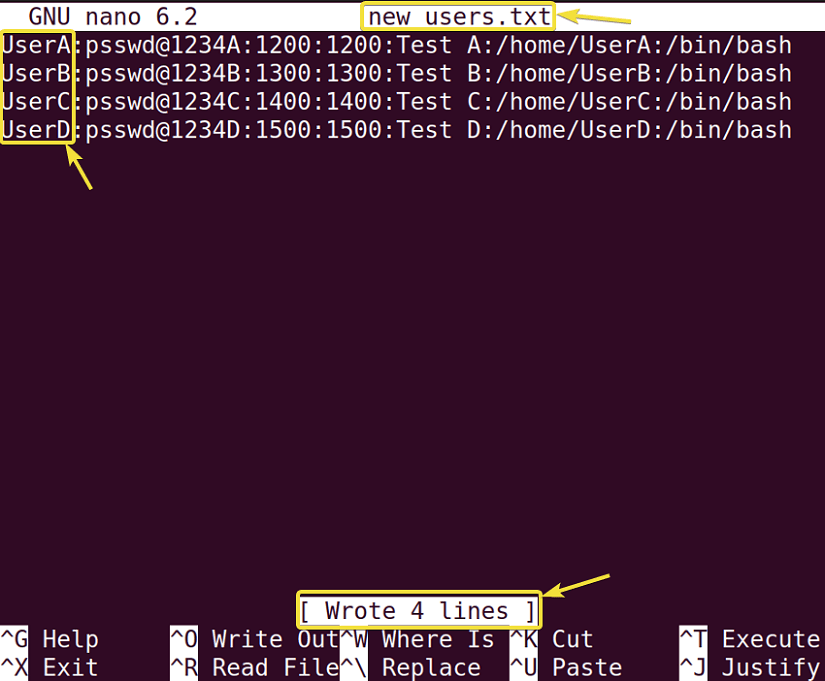 Writing user credentials in a text file to create multiple users.