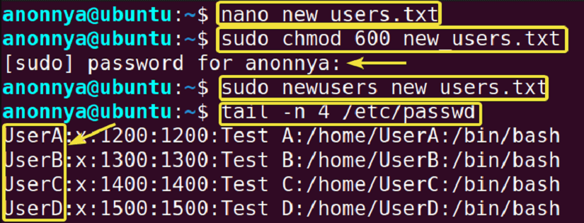 Creating multiple users with newusers command in linux.