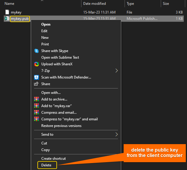 delete the public key from the client computer