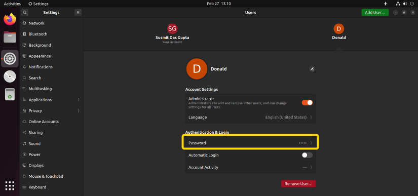 Password change option of the Donald user.