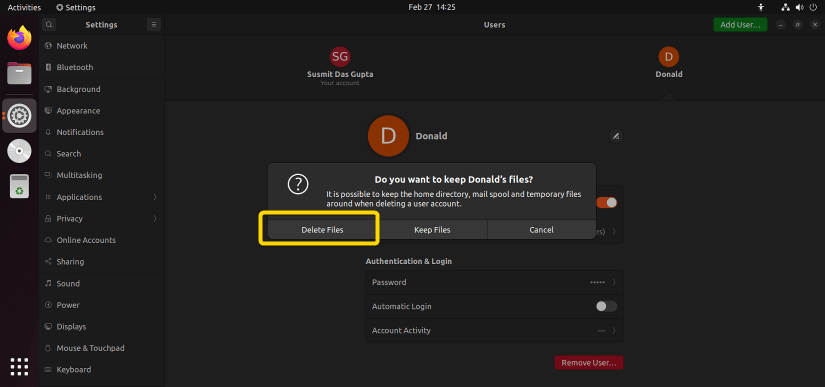 Deleting all files of the user "Donald" in ubuntu by gui.