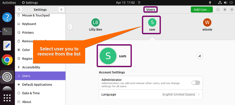 Select user to remove using GUI