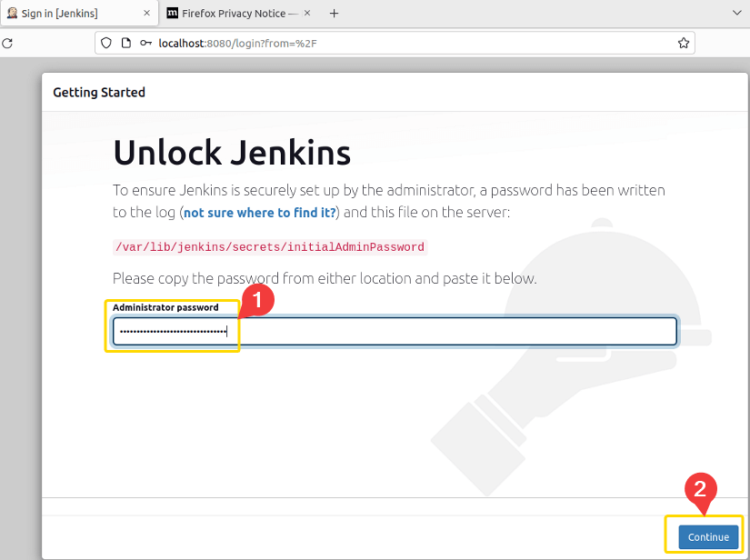 Entering initial password in Jenkins server.