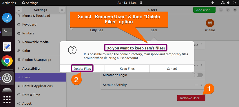 remove a user and home directory in Linux using GUI