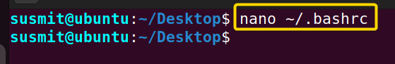 Opening the .bashrc file.