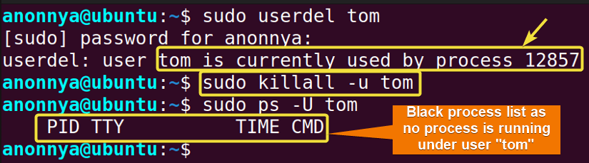 Terminating user process for account deletion.