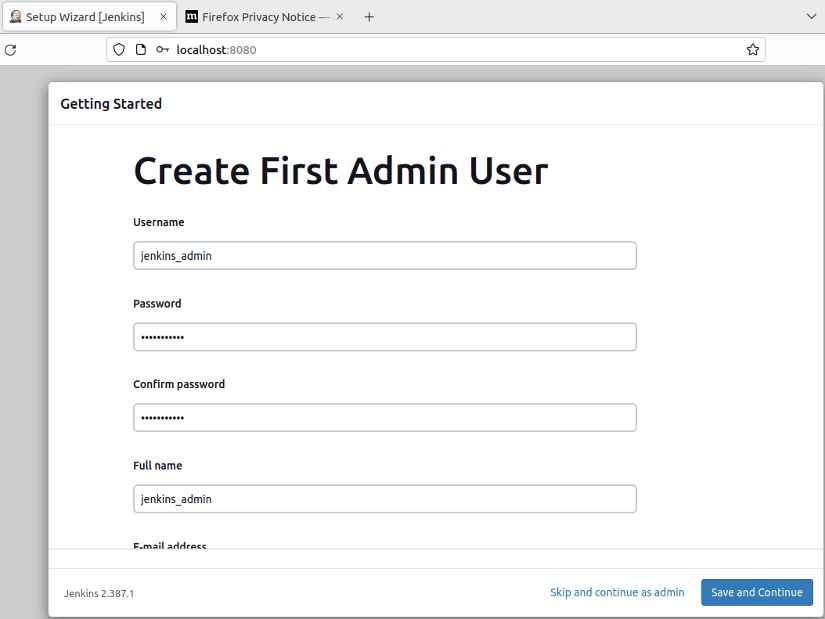 Creating Jenkins admin user.