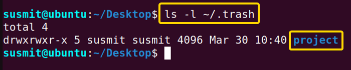The project folder has been moved to the .trash directory.
