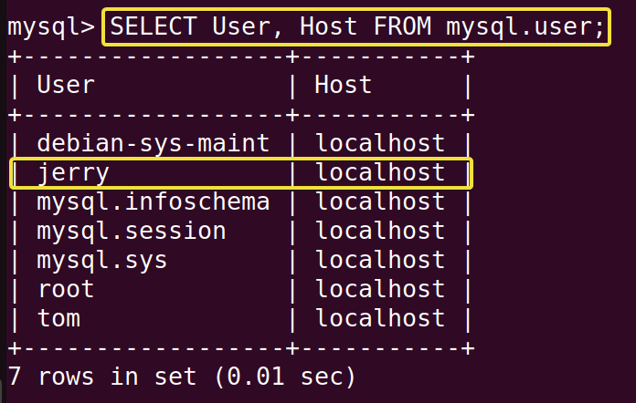 Listing available MySQL users.