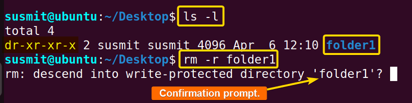 Trying to remove folder1 directory using "rm -r" command.