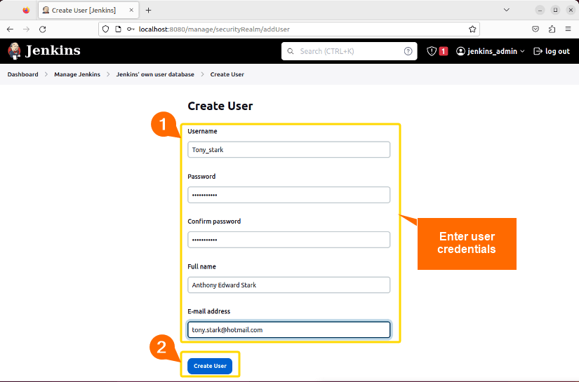 Entering new user credentials.