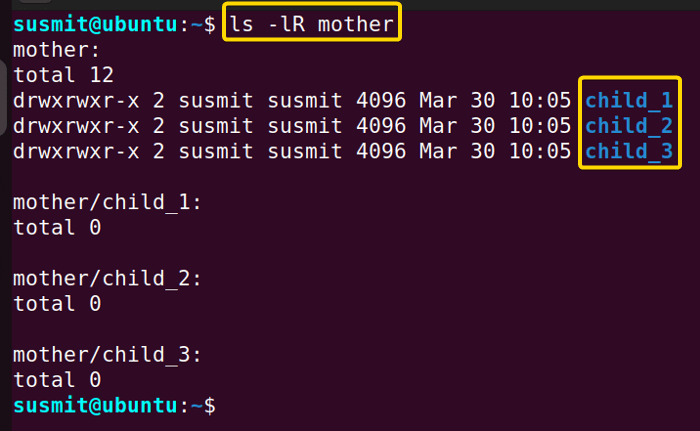 Details of the mother directory and subdirectories inside it.