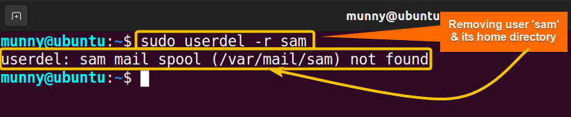 using the userdel command, remove a user and home directory in Linux