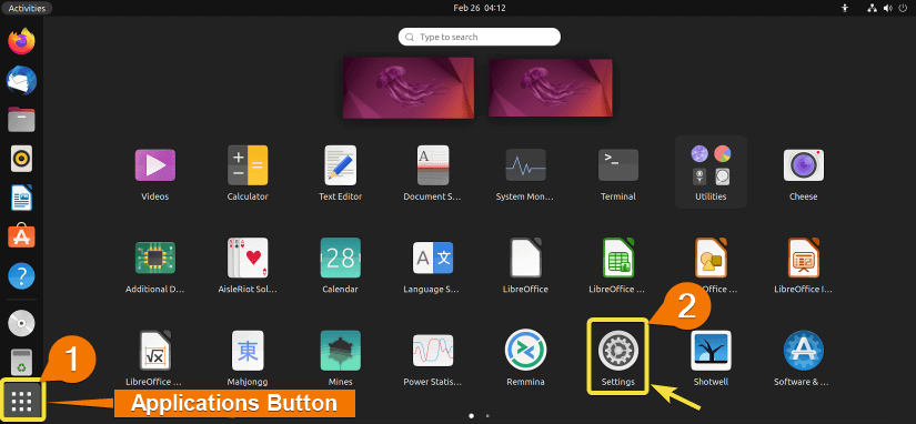 Opening Settings in Ubuntu.
