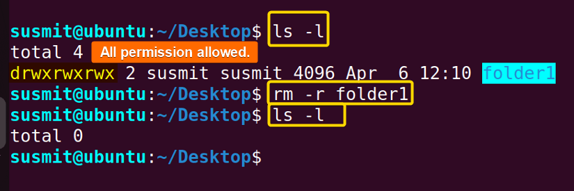 Removing the folder1 recursively using the rm command