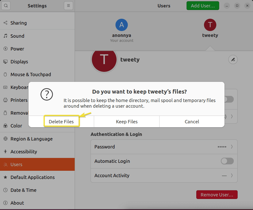 Deleting user with files from GUI