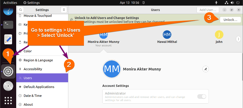 Unlock to make changes in the users list 