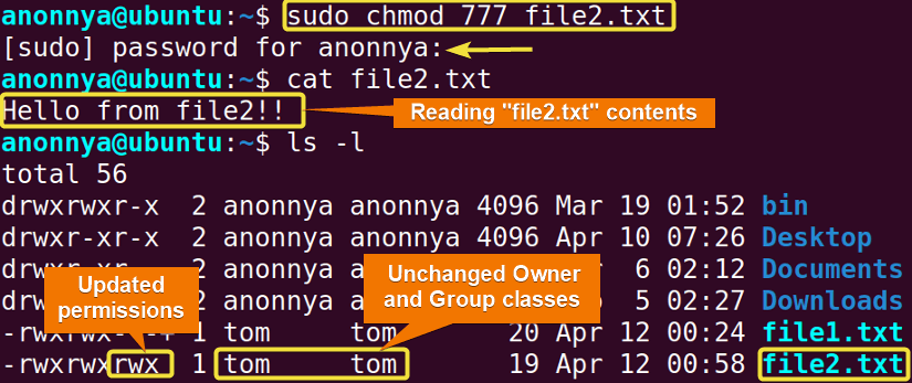 Giving user permission with chmod command in Linux.