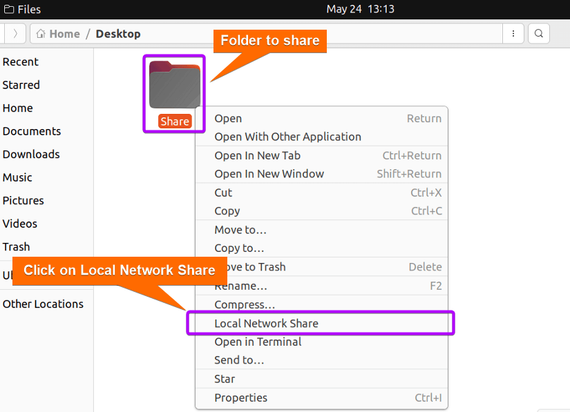 Open Local Network hare option of a folder