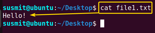 The cat command in Linux has printed the file1.txt on terminal.