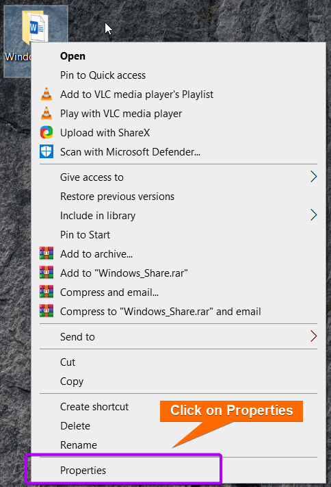 Open Properties of shared folder